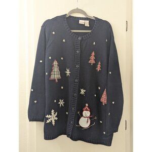 Navy Blue Christmas Cardigan With Snowman & Snowflake Embroidery